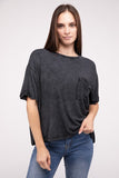 Washed Ribbed Cuffed Short Sleeve Round Neck Top