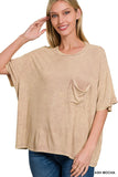 Washed Ribbed Cuffed Short Sleeve Round Neck Top