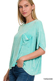 Washed Ribbed Cuffed Short Sleeve Round Neck Top