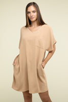 Woven Airflow V Neck T-Shirt Dress with Pockets