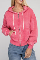 Acid Wash Fleece Cropped Zip-Up Hoodie