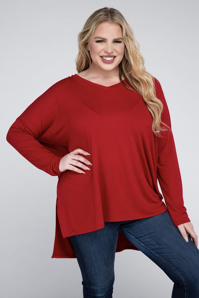 Plus Dolman Sleeve V-Neck Side Slit Hi-Low Hem Top