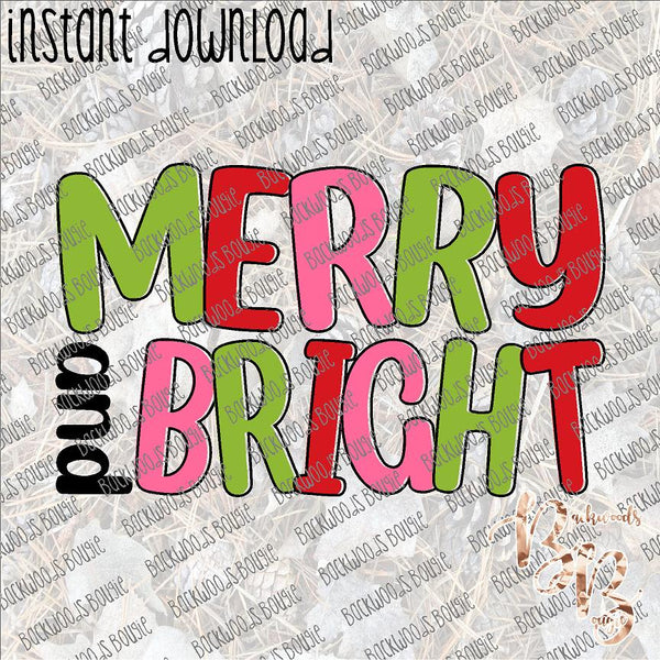 Merry and Bright Outline INSTANT DOWNLOAD print file PNG