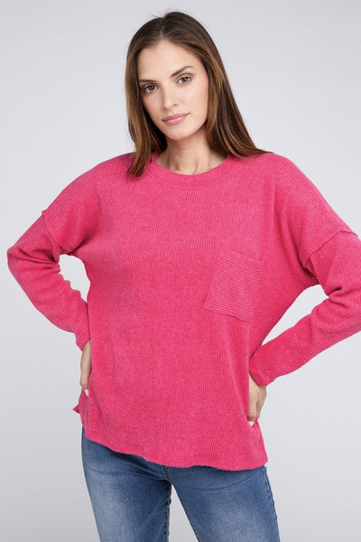 Ribbed Brushed Melange Hacci Sweater with a Pocket