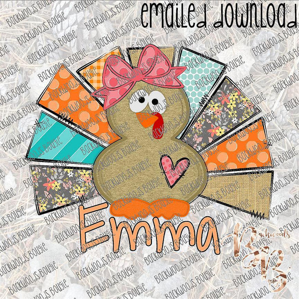 Girl Turkey with name PERSONALIZED DOWNLOAD print file PNG ... leave name and color in notes to seller