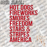 Hot Dogs Fireworks America Text - RED INSTANT DOWNLOAD print file PNG