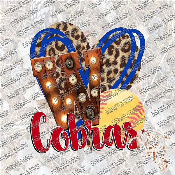 Softball Heart School Marquee W Cobras SUBLIMATION Transfer READY to PRESS