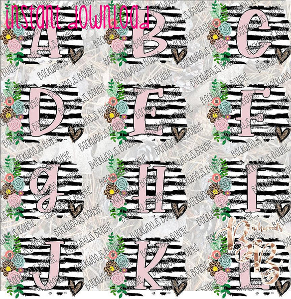 Black and White Striped Floral Initial SET INSTANT DOWNLOAD print file PNG