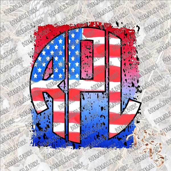 Flag Monogram with Distressed Red and Blue Background PERSONALIZED SUBLIMATION Transfer READY to PRESS... leave initials and last name  in notes to seller